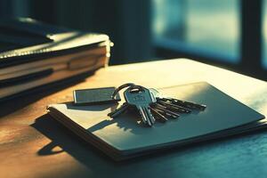 Real estate keys on folder with house silhouette illuminated by natural light in a cozy workspace setting photo
