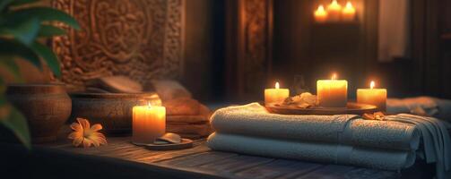 Relaxing spa retreat with scented oils, soft towels, and flickering candles creating a tranquil ambiance for wellness photo