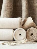 High quality fabric rolls and tailoring tools displayed for fashion design in a cozy workshop environment photo