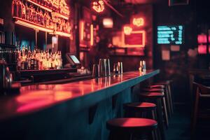 Neon signs illuminate a chalkboard menu in a lively bar with empty stools inviting patrons for an evening of relaxation photo