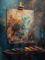 Brush set and vibrant color palette ready for creative expression on a canvas in a cozy art studio photo