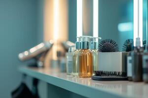 Spray bottles hair dryer and combs arranged neatly on a sleek vanity in a modern salon setting photo