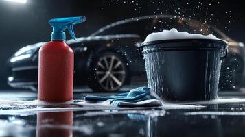 Car cleaning setup with foam sprayer bucket and towel in a garage during evening hours photo