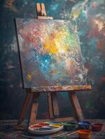 Brush set and vibrant color palette positioned beside a leaning canvas under soft lighting in an artistic workspace photo