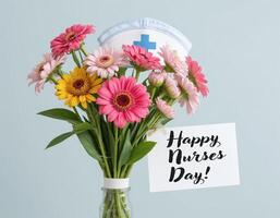 Bright arrangement of pink and yellow gerbera flowers in a vase, adorned with a traditional white nurses cap with a blue cross. A Happy Nurses Day card is positioned next to the bouquet. Soft backdrop photo