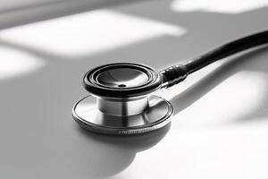 close-up of a stethoscope, placed on a smooth white surface, minimal background, professional medical tool with soft natural light photo