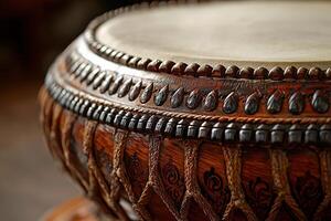close-up traditional tabla, emphasizing its beautiful materials, structure, and unique character. image for music-related content, educational materials, visual storytelling about Indian heritage photo