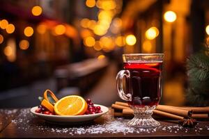 close-up glass of mulled wine and various spices stand on wooden table with blurred bokeh festive background photo
