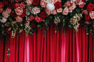 Charming event background with rich red curtain and gentle floral accents. flower arch design with copy space for weddings, anniversaries, postcard, greeting card and invitations photo
