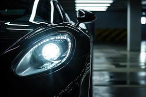 Close-up Black Car with Shining Headlight in Dark Parking Lot With Blurred Background With Copy Space photo