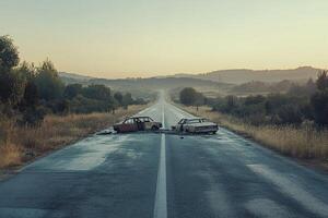 deserted highway with broken cars, surrounded by overgrown vegetation and a hazy horizon photo
