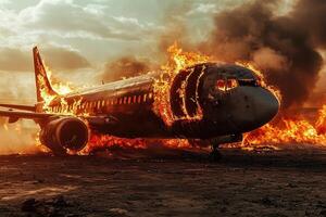 burning passenger plane with flames and smoke billowing out from it stands on the ground after an emergency landing photo