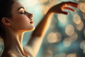 close-up ballerina's profile portrait, dancing in motion, blurred bokeh background with soft lighting emphasizing the elegance of pose photo