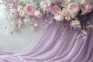 decorative photo backdrop with flowing pastel purple drapery and beautiful flowers arch. festive events, parties, and holiday design, adding warmth and elegance to visual compositions