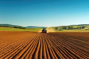 farm work concept, tractor plowing field in even rows on sunny day with blue sky photo