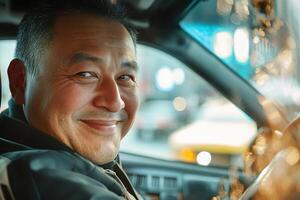 close up of smiling middle aged man driver face behind the wheel of car with blurred bokeh background photo