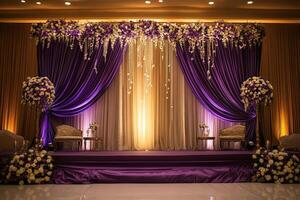 luxury stylish event background featuring flowing purple and golden curtain fabric and subtle floral accents. Perfect for romantic occasions, festive parties, and professional photo setups