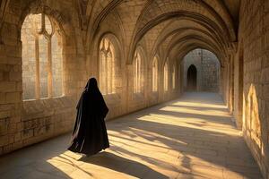 back view figure of catholic nun walking in dimly lit stone hallway, soft light from side windows illuminating ancient structure, emphasizing faith, silence, and reflection photo