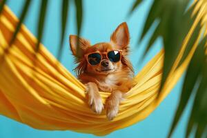 funny humorous image of adorable happy chihuahua dog in sunglasses lying in yellow hammock on blue background with green palm tropical leaves around photo