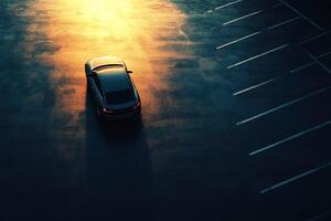 aerial view lonely car standing in empty parking lot illuminated by sunset light, minimalist image from copy space photo