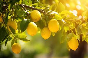 close up of ripe yellow lemons hanging on a branch covered with raindrops with a blurred background photo