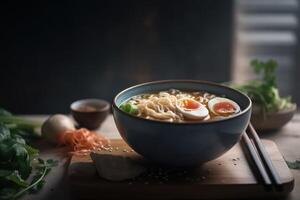A bowl of ramen noodles with eggs and carrots photo