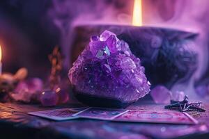 detailed photo featuring amethyst gemstone beside tarot cards, softly illuminated to evoke feelings of mystery, energy, metaphysical connection. design for esoteric and meditative projects