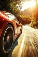 vertical image side view red sports car driving fast on forest road, dynamic composition with selective focus photo