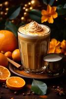 vertical image of glass of tasty latte with whipped cream and cinnamon on dark wooden table with oranges and flowers around photo