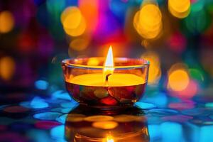 brightly lit candle in close-up, with warm light illuminating flame and casting reflections on shiny surface with blurred bokeh background, symbolizing prayer and faith in vibrant setting photo