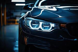 Close-up view of a black car with headlight shining in a dark parking lot at night. Blurred city background creates a dramatic and moody atmosphere. photo
