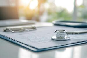 close-up of a medical chart or clipboard, resting on a clean surface, minimal background with subtle natural lighting, the focus on the simple, professional setup photo