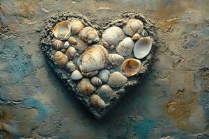 top view close-up heart made of different shells lies on stone background symbolizing vacation, resort, weekend on the seaside photo