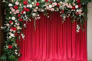 Elegant photo background featuring rich red curtain surrounded by delicate flowers frame. backdrop for wedding, birthday, or festive celebration design creating romantic and joyful atmosphere