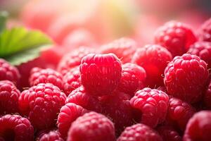 close-up of many ripe juicy raspberries on a blurred background, macro berry background illuminated by the sun photo