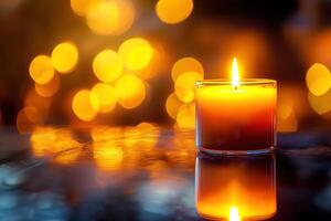 Close-up brightly lit candle, warm flame gently illuminating surrounding space. shiny surface reflects soft glow, serene contemplative atmosphere, themes of prayer, faith, spiritual reflection photo