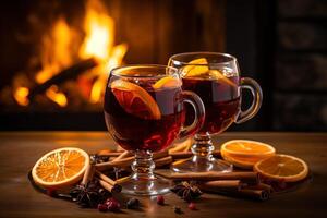 two glasses of spicy aromatic mulled wine with oranges, cinnamon sticks, anise stars and fir tree branch on wooden table with cozy fireplace on blurred background photo