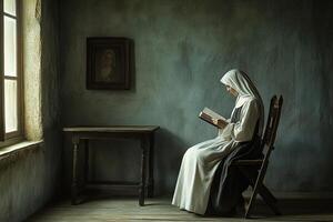 nun in traditional robe sitting in simple room. She peacefully reading book, immersed in prayer and reflection. sense of spirituality, solitude, and inner harmony photo