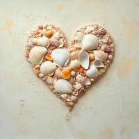 different sea shells laid out in a heart shape, top view on light beige background, summer vacation concept photo