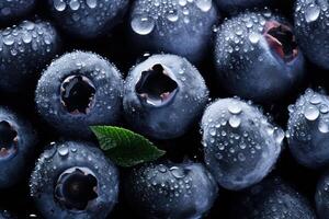 close-up of pile ripe juicy blueberries covered with water drops, macro berry background with blueberries in dew photo