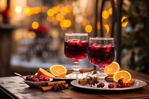 close-up two glasses of mulled wine and various spices cinnamon, anise stars and berries stand on wooden table of street cafe with blurred bokeh evening background photo