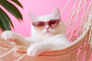 funny image of white fluffy cat in sunglasses relaxing in knitted hammock on pastel pink background surrounded by green palm leaves photo