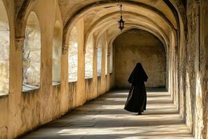 Back view of nun walking through silent monastery hallway, with ancient stone walls and arches framing her silhouette, while soft light from tall windows casts delicate shadows along passage photo