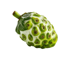 Unique green fruit known as noni with textured surface and leaves png