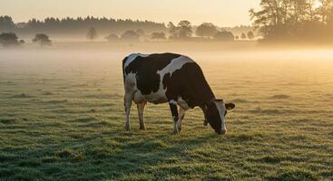 A cow grazing in a field at sunrise photo