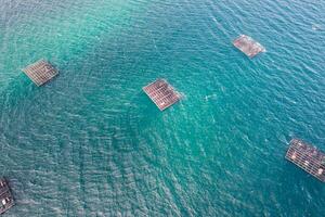 Top down view of floating platforms for shellfish farming in the ocean photo