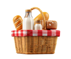 Fresh bread and milk in a picnic basket for a delightful snack png