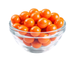 Bright orange candy spheres in a glass bowl for dessert display png