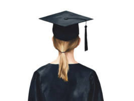 Graduation celebration with student in cap and gown looking ahead png