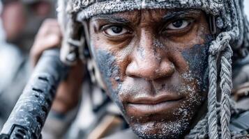 A male soldier with camouflage coloring on his face with a rifle stands against the backdrop of a smoky battlefield photo